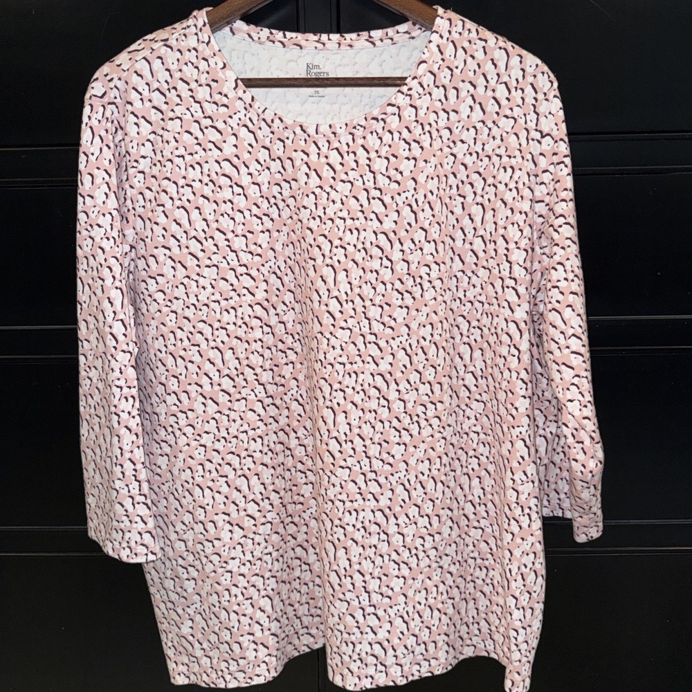 Kim Rogers Perfectly Soft Pink White Leopard 2X Women's Shirt 3/4 Sleeveâ Cotton